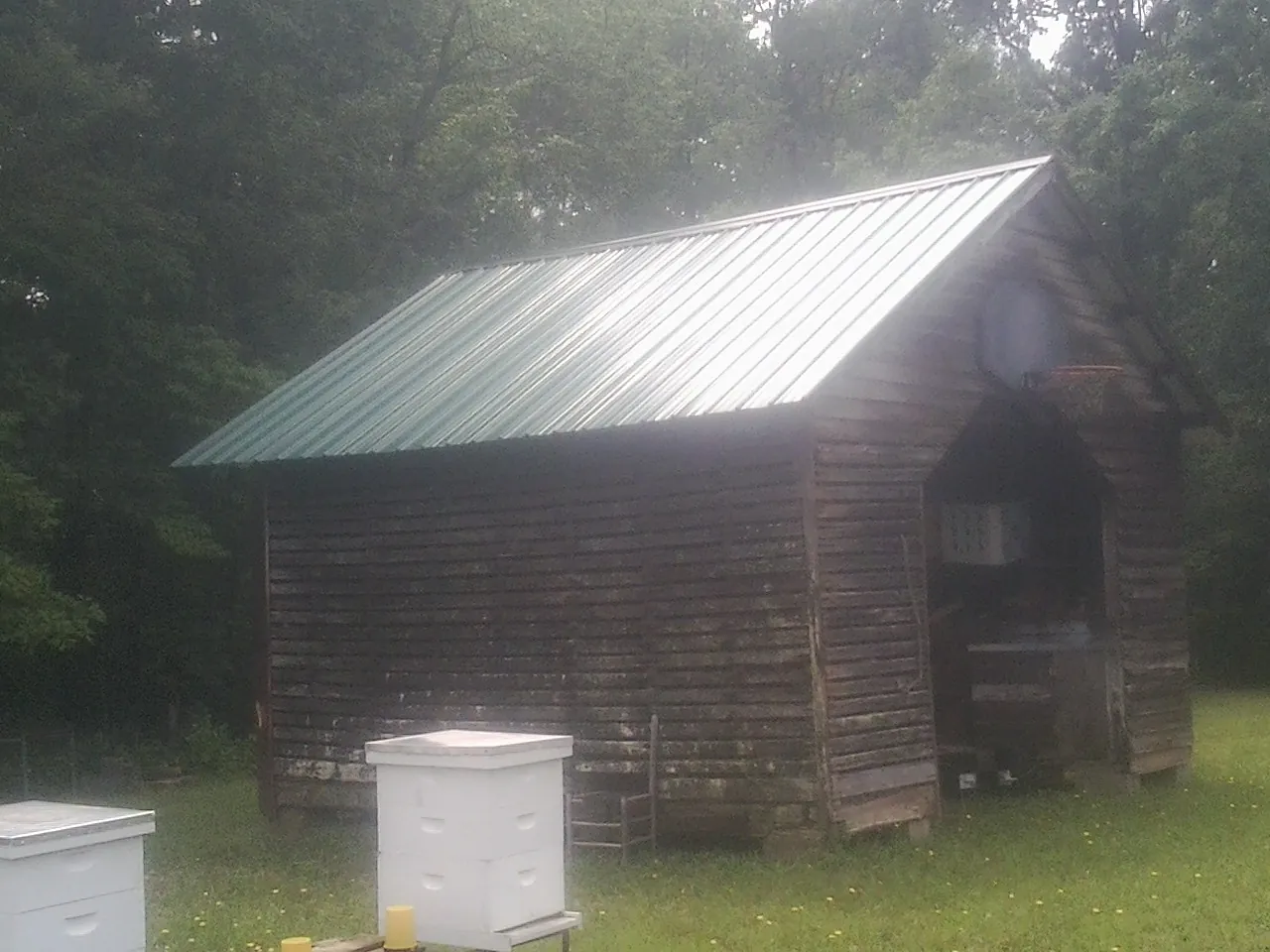 Green metal roof on a weathered barn beside stacked beehives in Cascade Locks