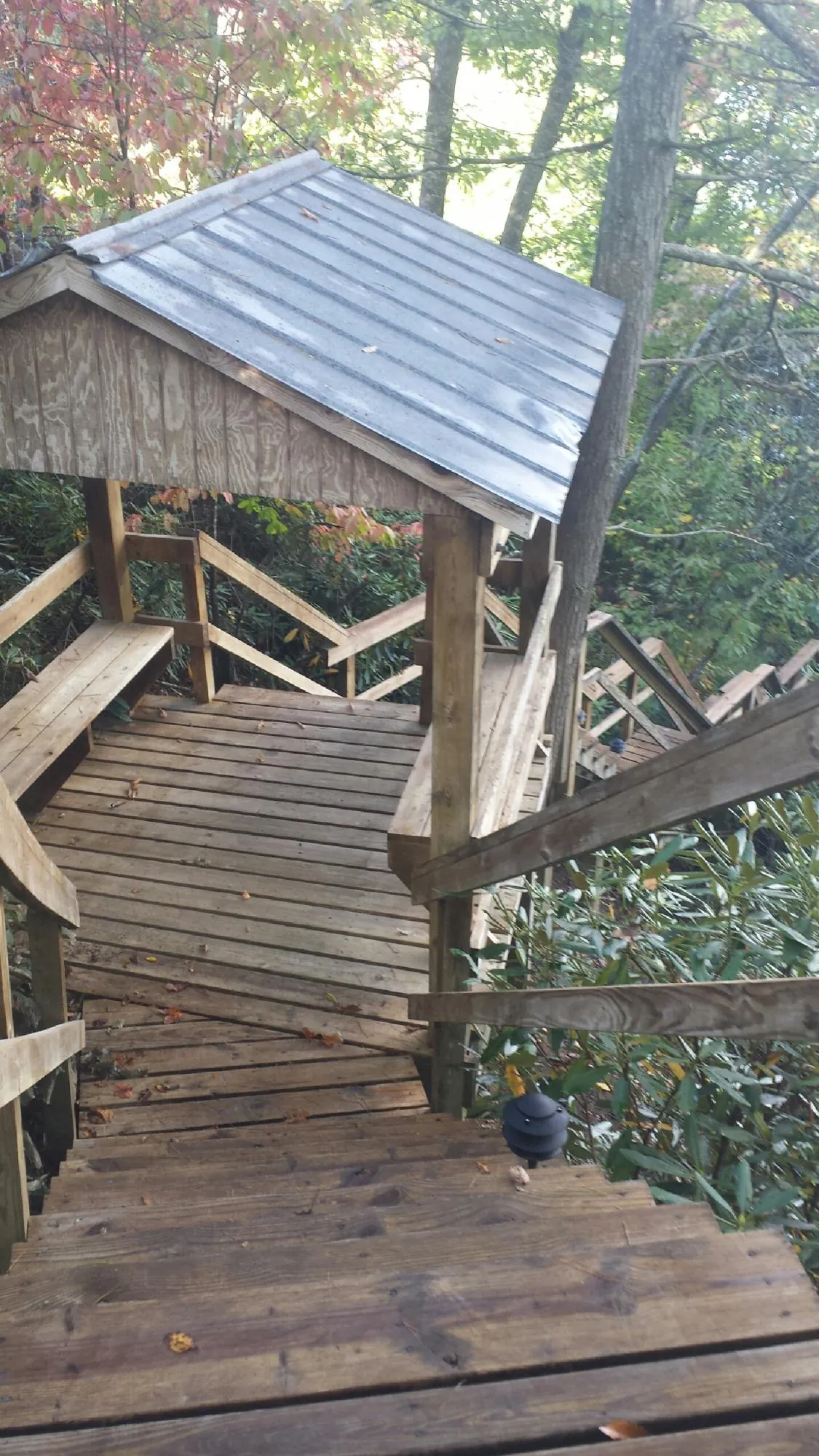 Metal roofed shelter over wooden steps on a wooded walkway — Skylight Repair & Installation work by our crew in Cascade Locks